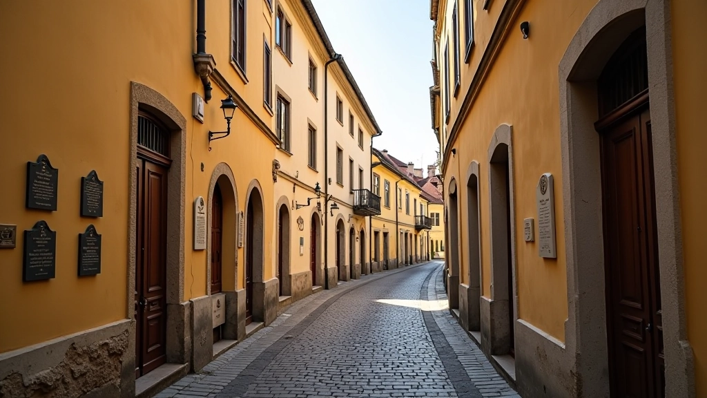 Ulice židovské čtvrti v Třebíči s historickými domy, pamětními deskami a architekturou ze staletí
