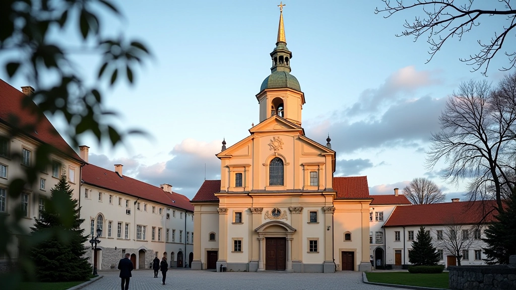 Basilika sv. Jakuba v Třebíči se zlatým vrcholkem a historickou architekturou v měnícím se světle